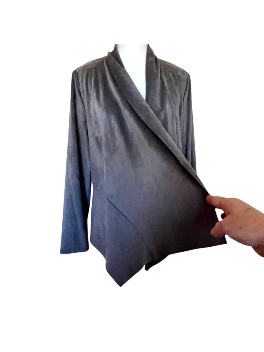 Gray Faux Suede Coatigan Open Front Stretch Jacket Santa Fe Ranch Luxe Boho L - Picture 4 of 9